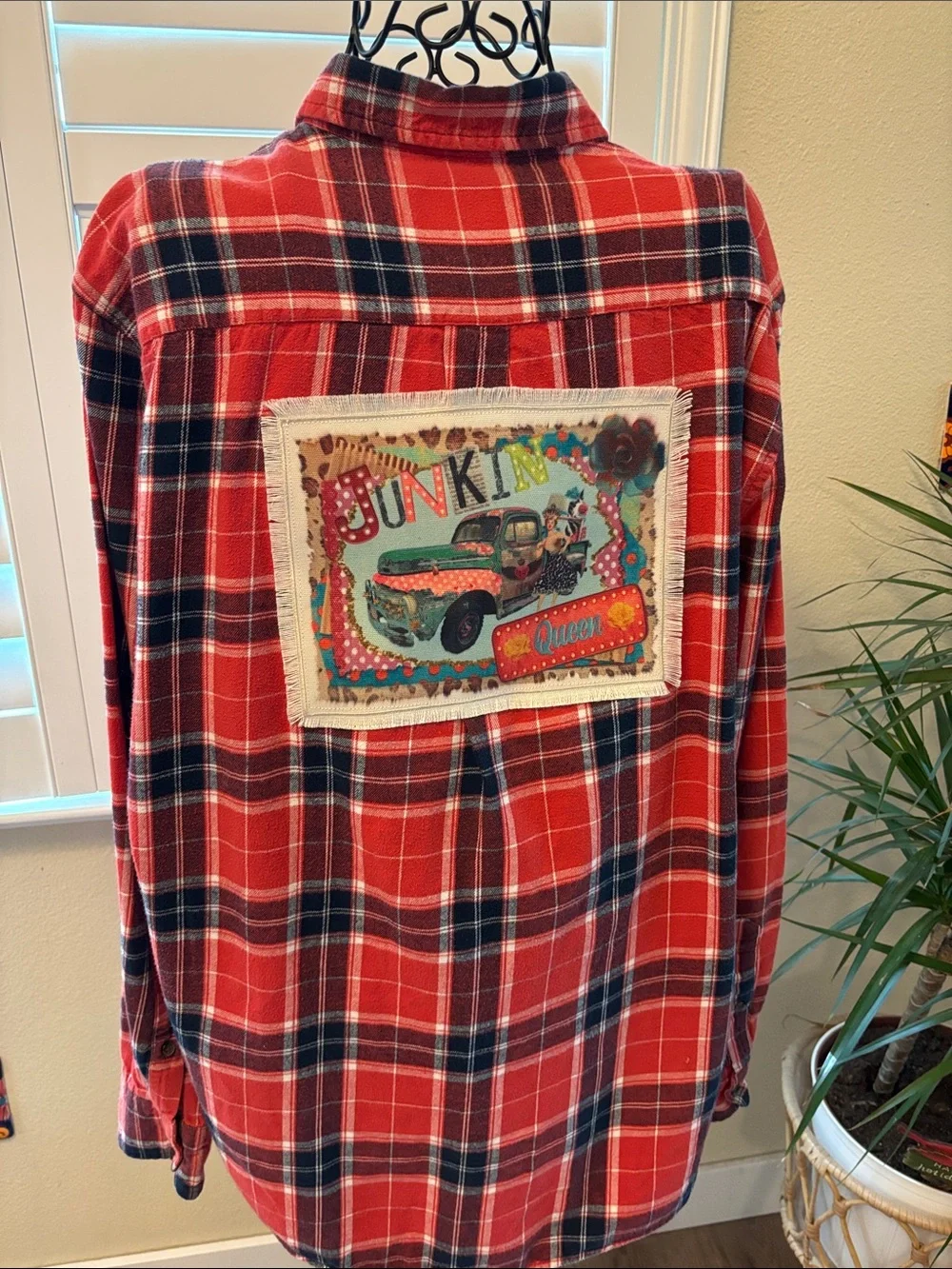 Handmade one of a kind Red Plaid Button-Up flannel with junkin queen Back Patch - Picture 1 of 5